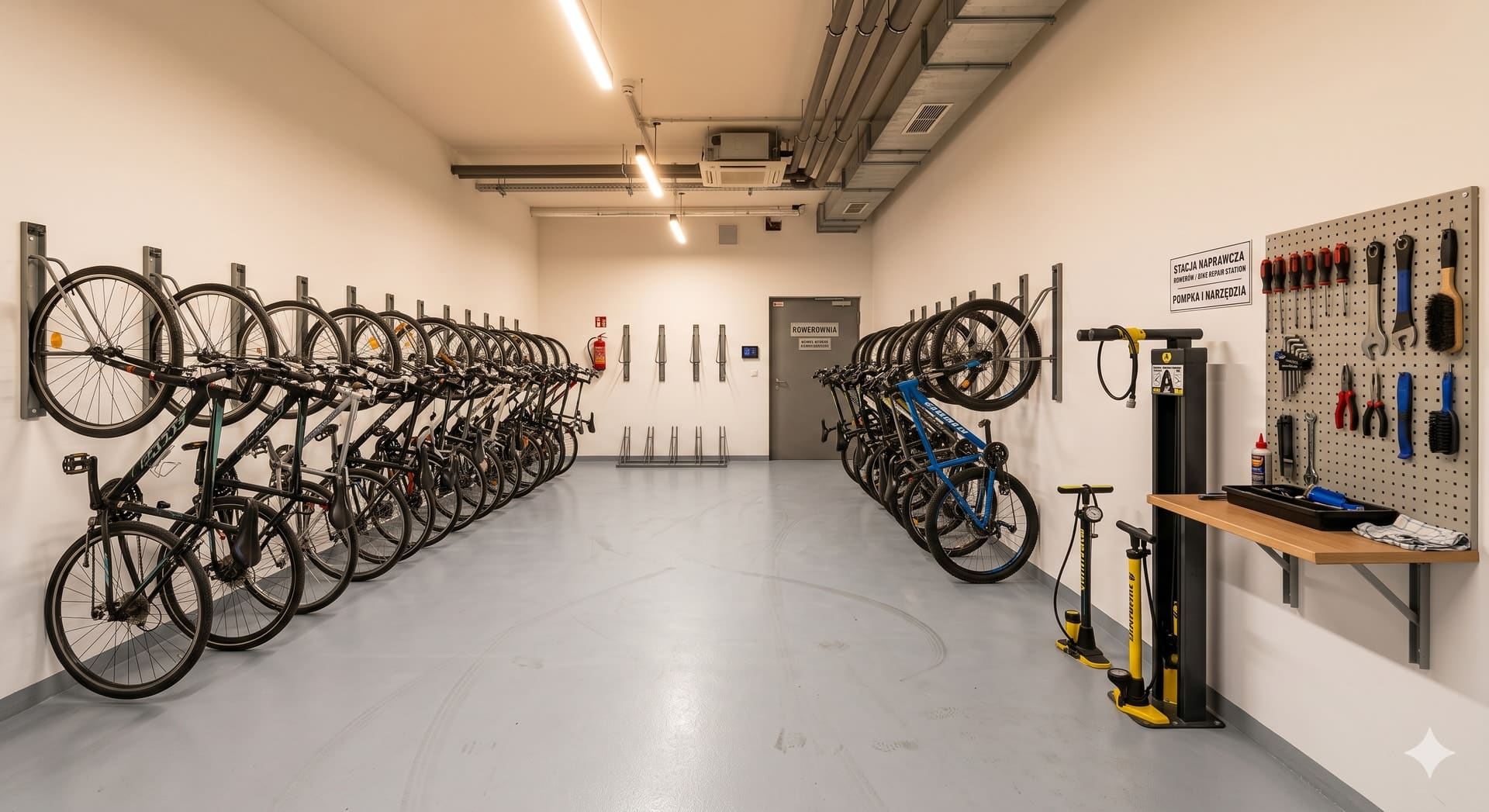 Rowerownia ze stojakami i stacją serwisową